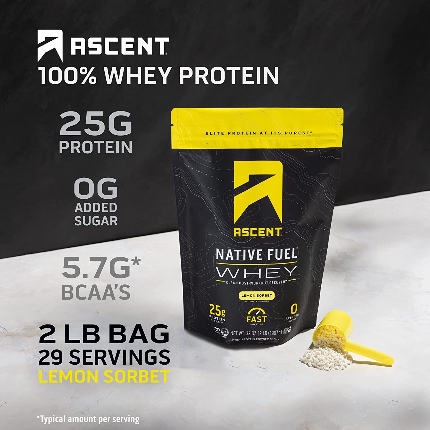 100% Whey Protein Powder - Post Workout Whey Protein Isolate, Zero Artificial Flavors & Sweeteners, Gluten Free, 5.5G BCAA, 2.6G Leucine, Essential Amino Acids, Lemon Sorbet 2 Lb