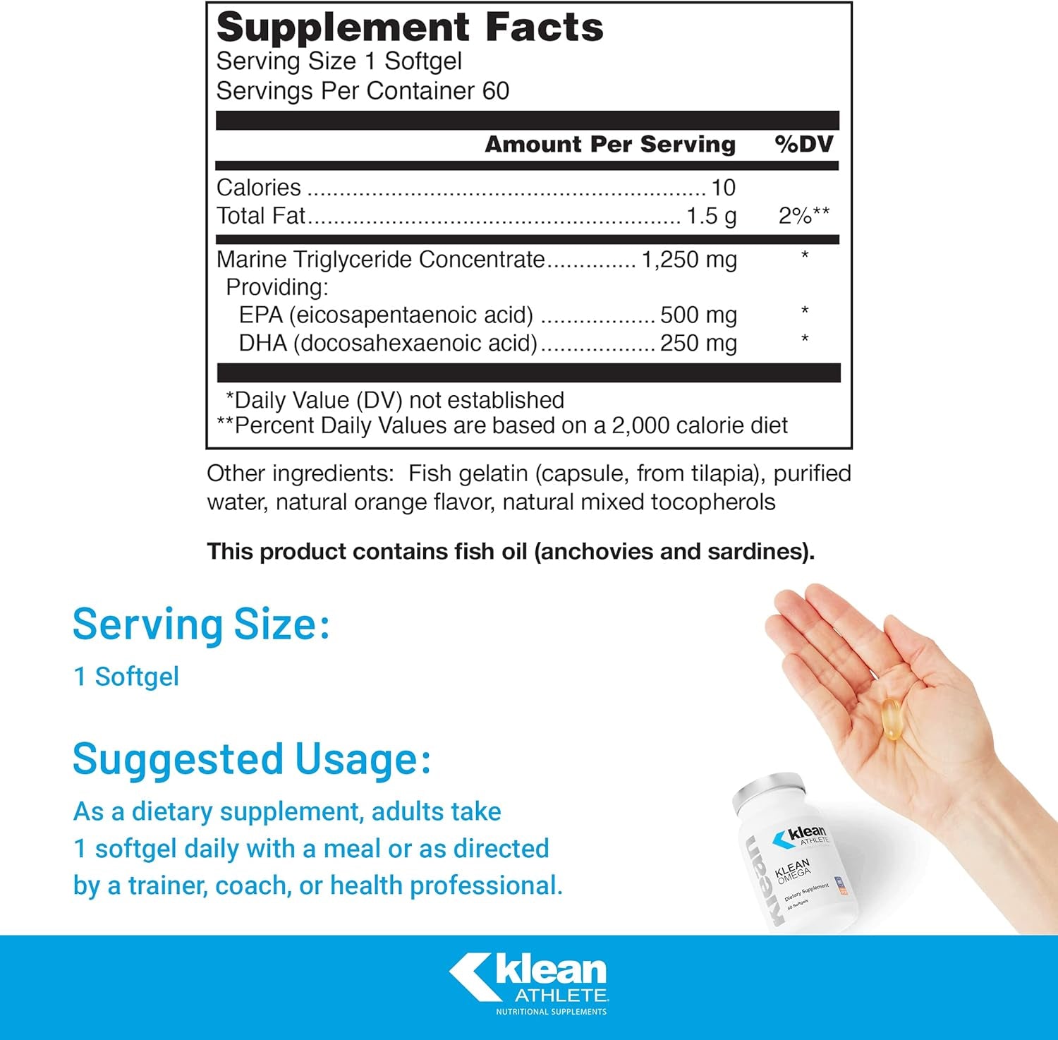 Klean Omega | Pure Fish Oil in Triglyceride Form to Support Cardiovascular, Neurological and Joint Health | NSF Certified for Sport | 60 Softgels