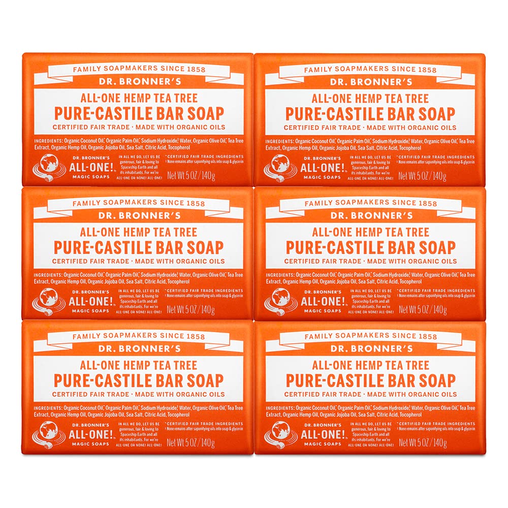 Dr. Bronner's Pure-Castile Bar Soap 6-pack, featuring organic oils, suitable for face, body, and hair care.