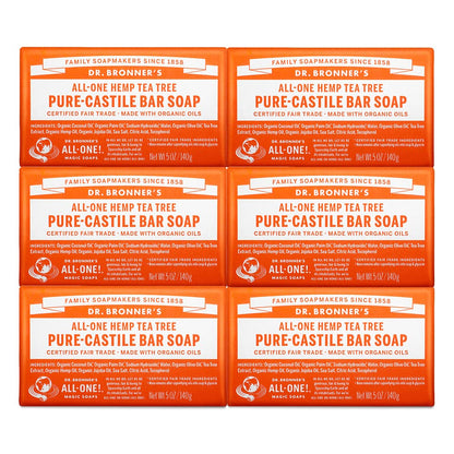 Dr. Bronner's Pure-Castile Bar Soap 6-pack, featuring organic oils, suitable for face, body, and hair care.