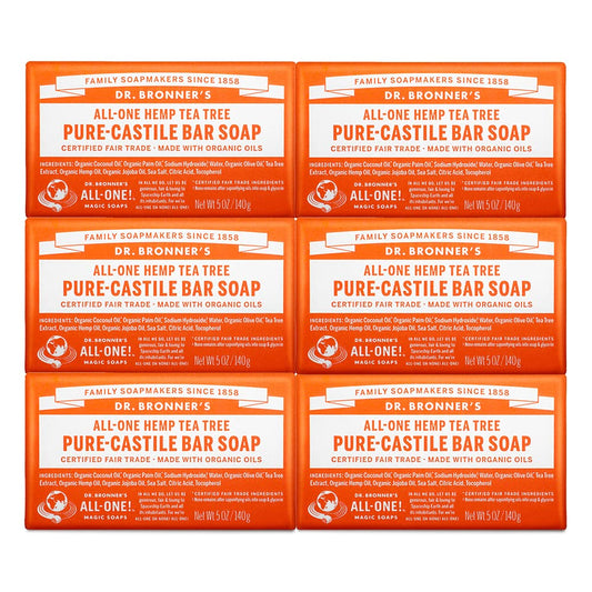 Dr. Bronner's Pure-Castile Bar Soap 6-pack, featuring organic oils, suitable for face, body, and hair care.