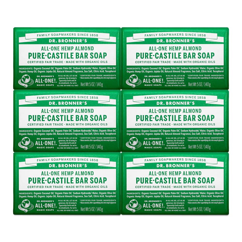 Six-pack of Dr. Bronner's Pure Castile Bar Soap with tea tree, made with organic oils, suitable for face, body, hair, and dandruff.