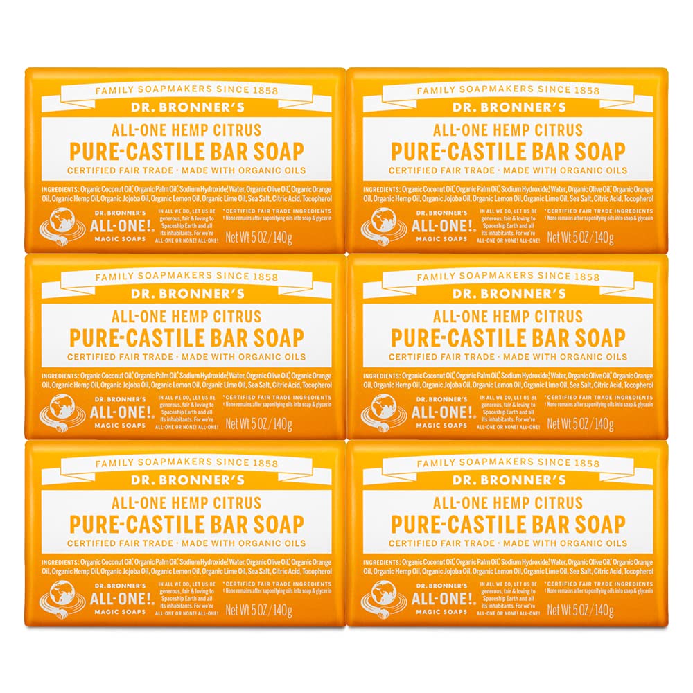 Six-pack of Dr. Bronner's Pure Castile Bar Soap with organic oils, suitable for face, body, hair, and dandruff care.