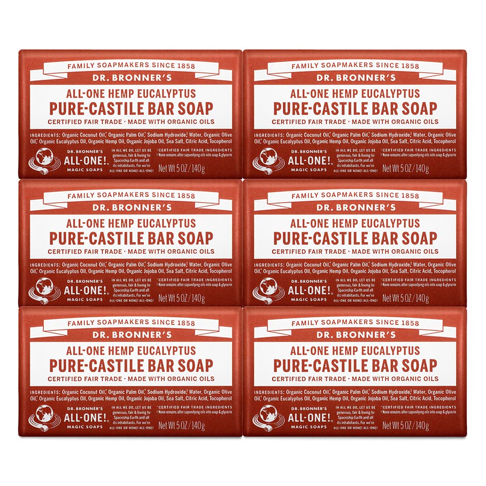 Dr. Bronner's Pure-Castile Bar Soap 5 oz, 6-pack, with organic oils, for face, body, hair, and dandruff, vegan and biodegradable.