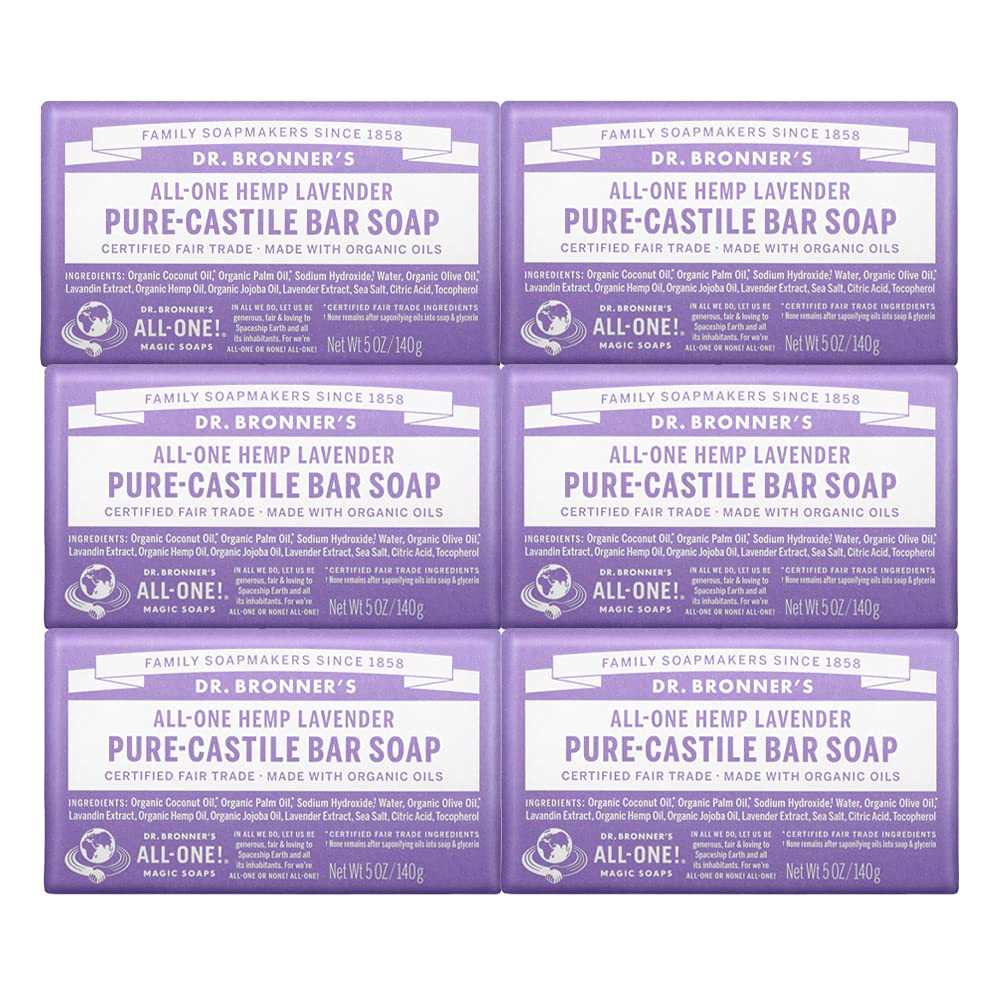 Dr. Bronner's Pure-Castile Bar Soap 6-pack, 5 oz each, made with organic oils, suitable for face, body, hair, and dandruff.