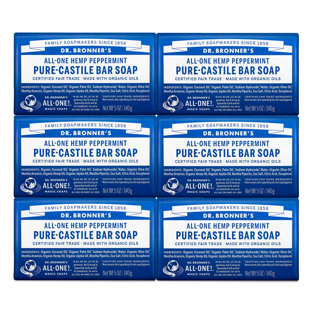 Dr. Bronner's Pure-Castile Bar Soap 6-pack, featuring organic oils, suitable for face, body, and hair care.