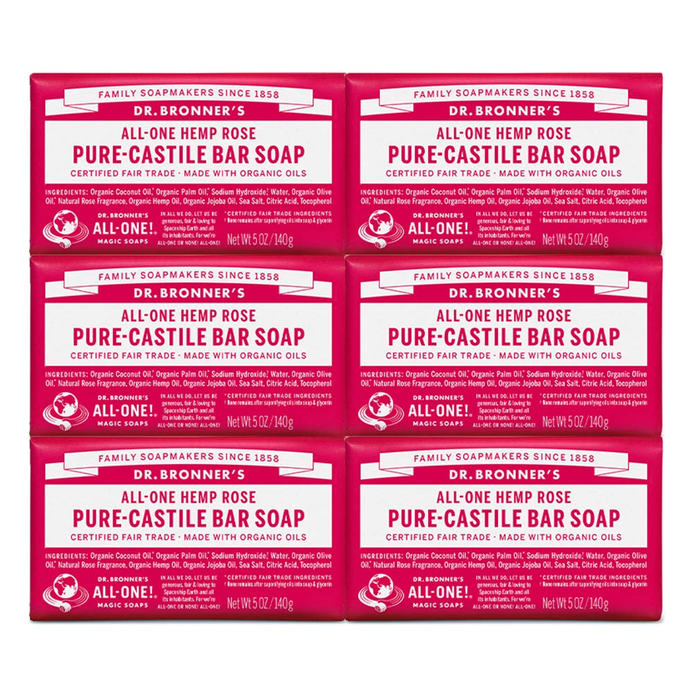 Dr. Bronner's Pure-Castile Bar Soap 5 oz pack with six bars, made with organic oils, for face, body, hair, and dandruff care.