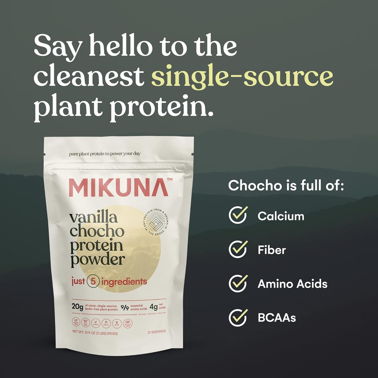 Vegan Protein Powder (Vanilla, 21 Servings) - Plant Based Chocho Superfood Protein - Dairy Free Protein Powder Packed with Vitamins, Minerals & Fiber - Gluten, Keto & Lectin-Free