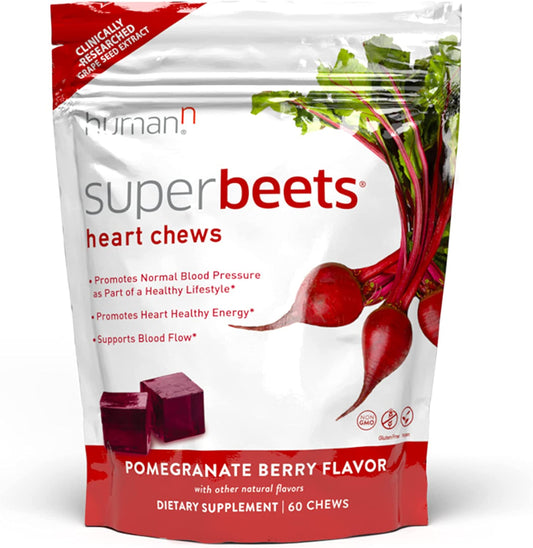 Superbeets Heart Chews - Nitric Oxide Production and Blood Pressure Support - Grape Seed Extract & Non-Gmo Beet Energy Chews - Pomegranate Berry Flavor - 60 Count