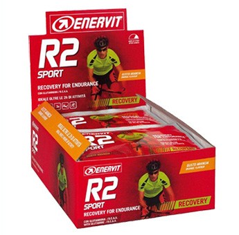 Enervit R2 Recovery supplement container with label showing product name and branding, designed for post-workout recovery.