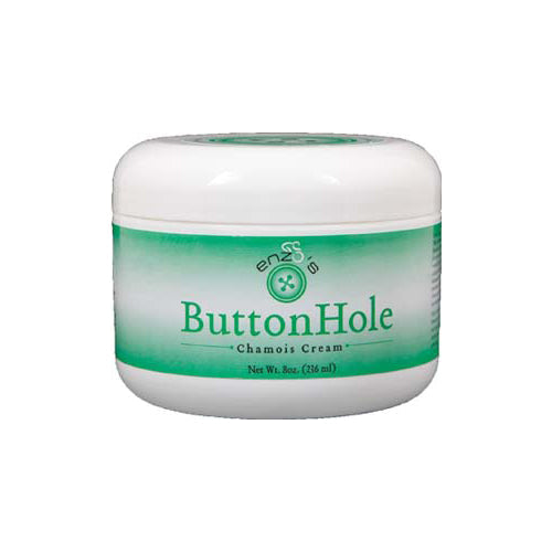 ENZO'S CYCLING Buttonhole Chamois Cream in an 8oz jar, body care product for cyclists, with a white jar and label.