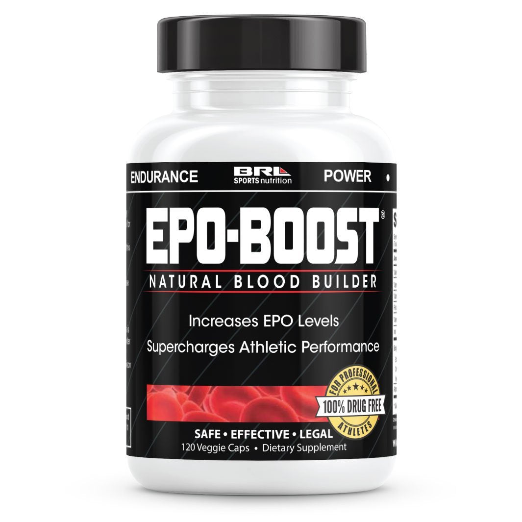 EPO-Boost premium natural blood builder capsules in a bottle, designed for endurance support, featuring 120 capsules.