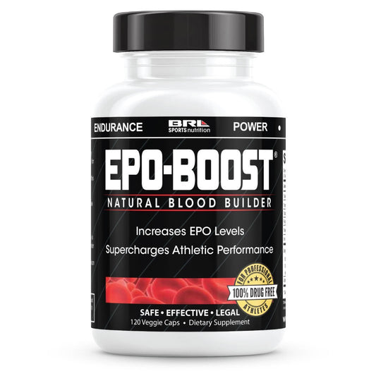EPO-Boost natural blood builder endurance supplement in a bottle of 120 capsules, designed to support stamina and energy.