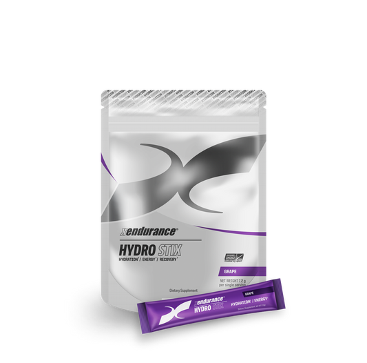 Extreme Endurance Hydro Stix Grape energy drink pack with 20 single-serve sticks for hydration, energy, and recovery.
