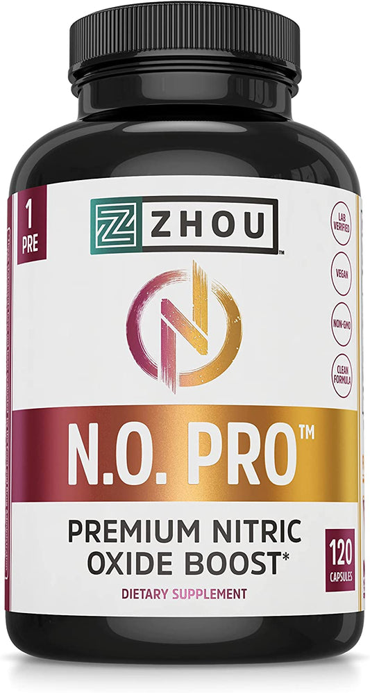 Zhou Nitric Oxide with L Arginine, Citrulline Malate, AAKG and Beet Root | Powerful N.O. Booster and Muscle Builder for Strength, Blood Flow and Endurance | 30 Servings, 120 Veggie Caps