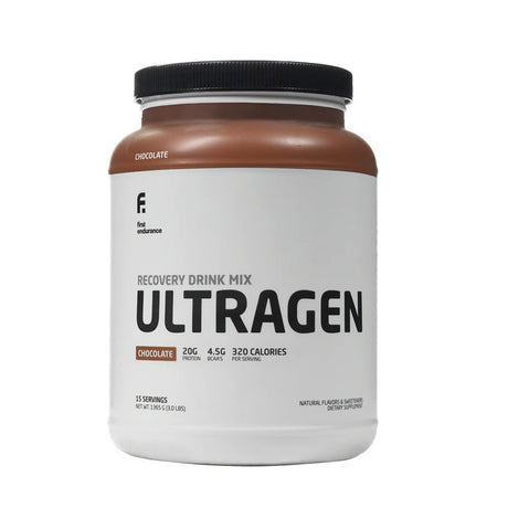 First Endurance Ultragen Premium Recovery Drink in chocolate flavor, 15-serving container, designed for post-workout recovery.