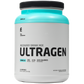 First Endurance Ultragen premium recovery drink in chocolate flavor, 15-serving pack, shown in a clear container with scoops and packaging.