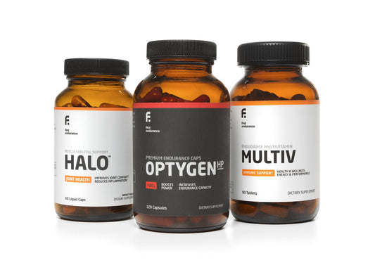 Daily Bundle by First Endurance featuring various nutritional supplements in colorful packaging.