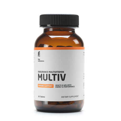 First Endurance MultiV 90 tablets, premium high-potency endurance multivitamin, displayed in a bottle on a neutral background.