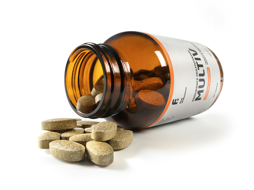 First Endurance MultiV 90 tablets displayed in bottle, a high-potency multivitamin for enhanced endurance support.