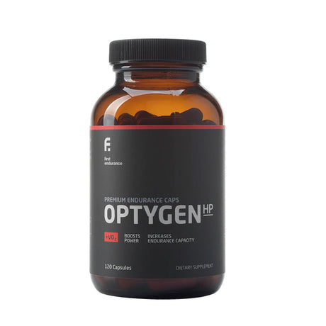 OptygenHP Premium Endurance Supplement by First Endurance, featuring 120 capsules in a sleek, informative bottle design.