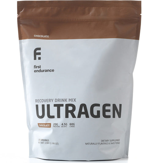 First Endurance Ultragen Premium Recovery Drink in Chocolate flavor, packaged in a resealable bag.