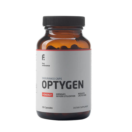 First Endurance Optygen VO2 endurance supplement bottle with 90 capsules on a white background.