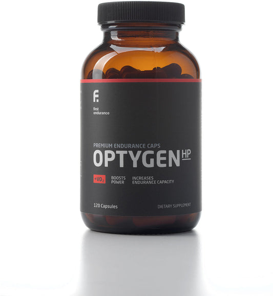 OptygenHP endurance supplement by First Endurance in an amber bottle, featuring Ashwagandha root for enhanced performance.