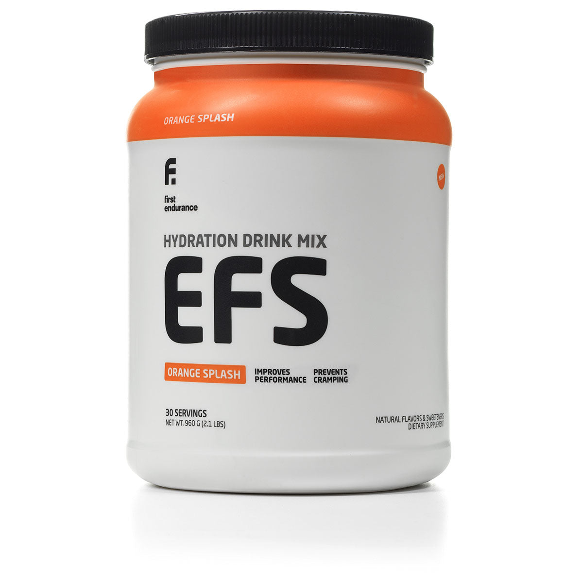 First Endurance EFS electrolyte sports energy drink mix in orange splashing from a bottle, 30 servings, 2.1lbs.