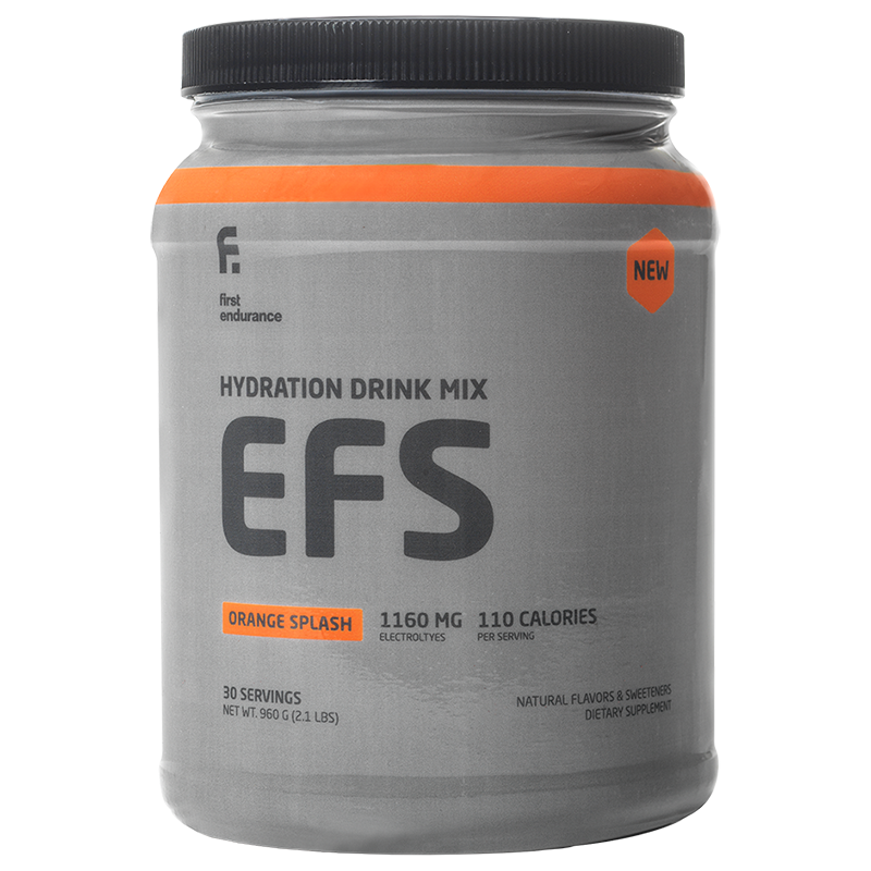 First Endurance EFS Premium Sports Energy Drink Mix in orange flavor, packaged in a 30-serving container.