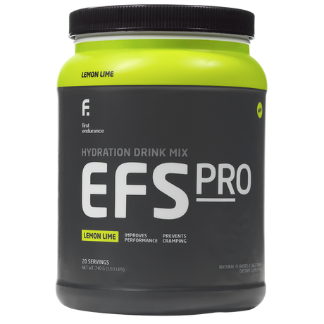 First Endurance EFS-PRO Premium Sports Hydration energy drink in lemon-lime flavor, 20-serving container, designed for athletes.