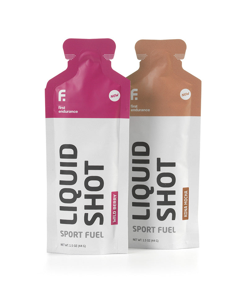 First Endurance EFS Liquid Shot and Kona Mocha energy gel in a tube, designed for endurance athletes to boost energy during activity.