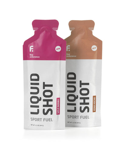 First Endurance EFS Liquid Shot and Kona Mocha energy gel in a tube, designed for endurance athletes to boost energy during activity.