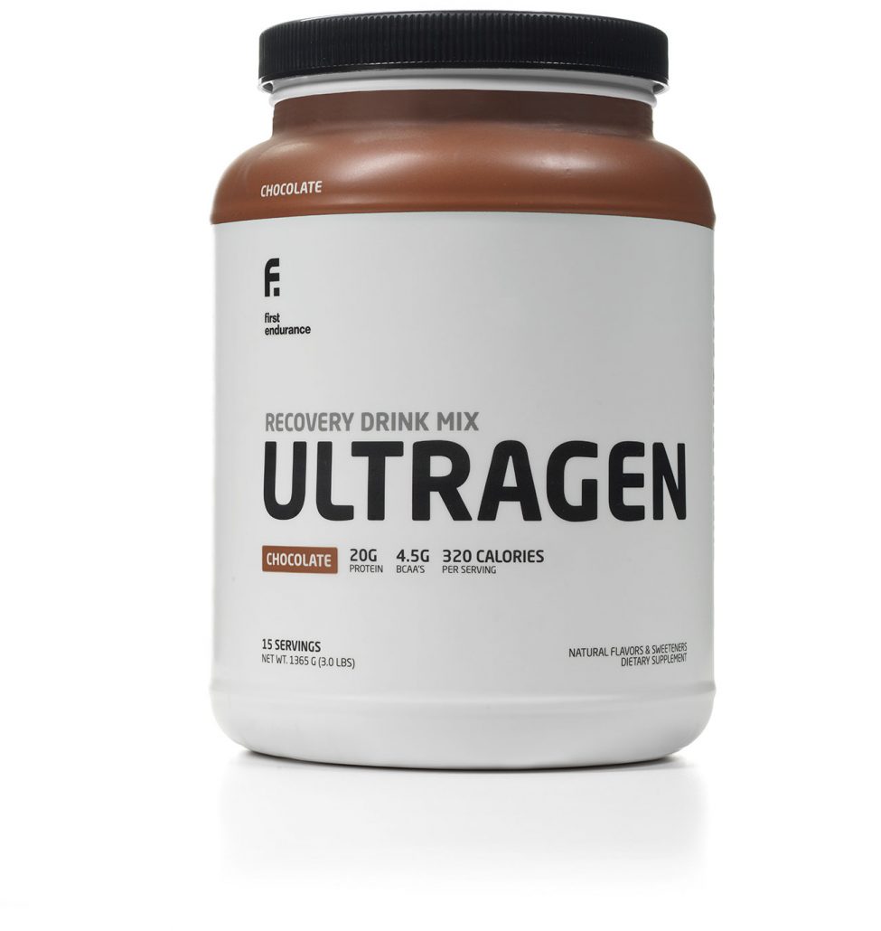 First Endurance Ultragen Muscle Recovery Drink in cappuccino flavor, 15-serving post-workout recovery supplement with powder.