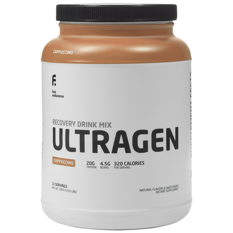 First Endurance Ultragen Recovery Drink in cappuccino flavor, muscle recovery supplement, 15-serving post-workout recovery drink.