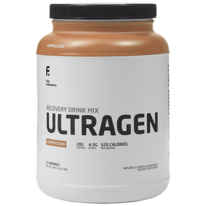 First Endurance Ultragen Recovery Drink in cappuccino flavor, muscle recovery supplement, 15-serving post-workout recovery drink.