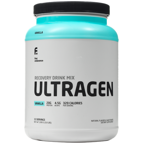 First Endurance Ultragen Recovery Drink in cappuccino flavor, muscle recovery supplement with 15 servings, post-workout nutrition.