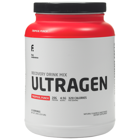 First Endurance Ultragen Muscle Recovery Drink in cappuccino flavor, 15-serving premium post-workout recovery beverage.