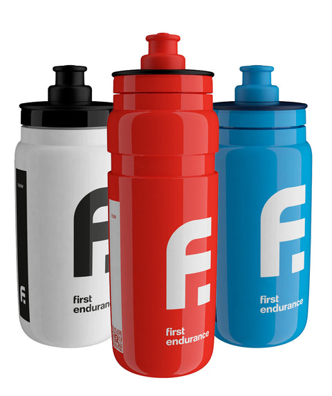 First Endurance Elite FLY water bottle with a lightweight design and ergonomic shape for easy hydration during activities.