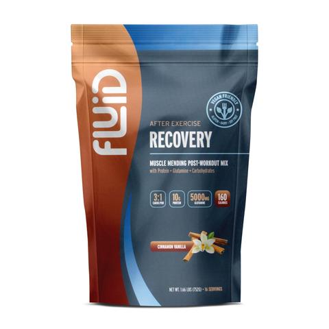 Fluid Performance Recovery Drink Mix in Cinnamon Vanilla flavor, featuring all-natural, gluten-free, and lactose-free ingredients.