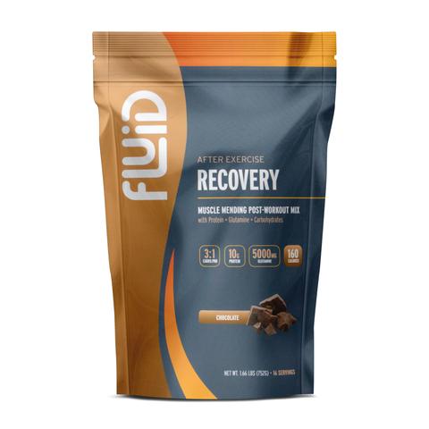 Fluid Performance Fluid Recovery Post-Workout Drink Mix with whey isolate protein in a chocolate flavor, gluten-free and lactose-free.
