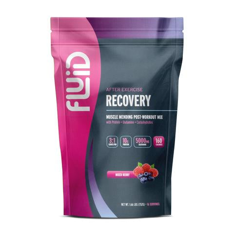 Fluid Performance Fluid Recovery Post-Workout Drink Mix in Mixed Berry flavor, featuring whey isolate protein and all-natural ingredients.
