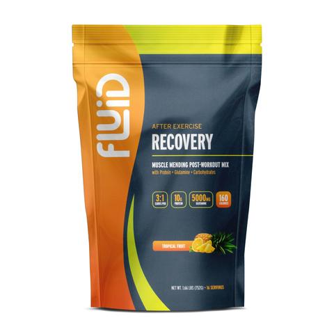 Fluid Performance Fluid Recovery Post-Workout Drink Mix in Tropical Fruit flavor, featuring all natural, gluten-free ingredients.