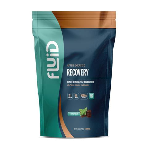 Fluid Performance Fluid Recovery Post-Workout Drink Mix in mint chocolate flavor, showcasing all-natural ingredients.