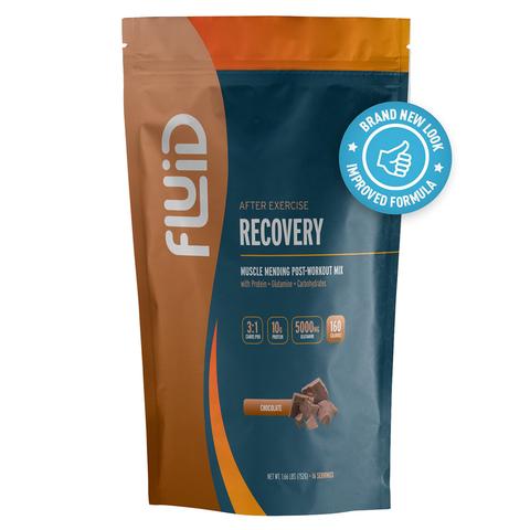 Fluid Performance Recovery Drink Mix with whey isolate protein, featuring all-natural, gluten-free, and lactose-free ingredients.