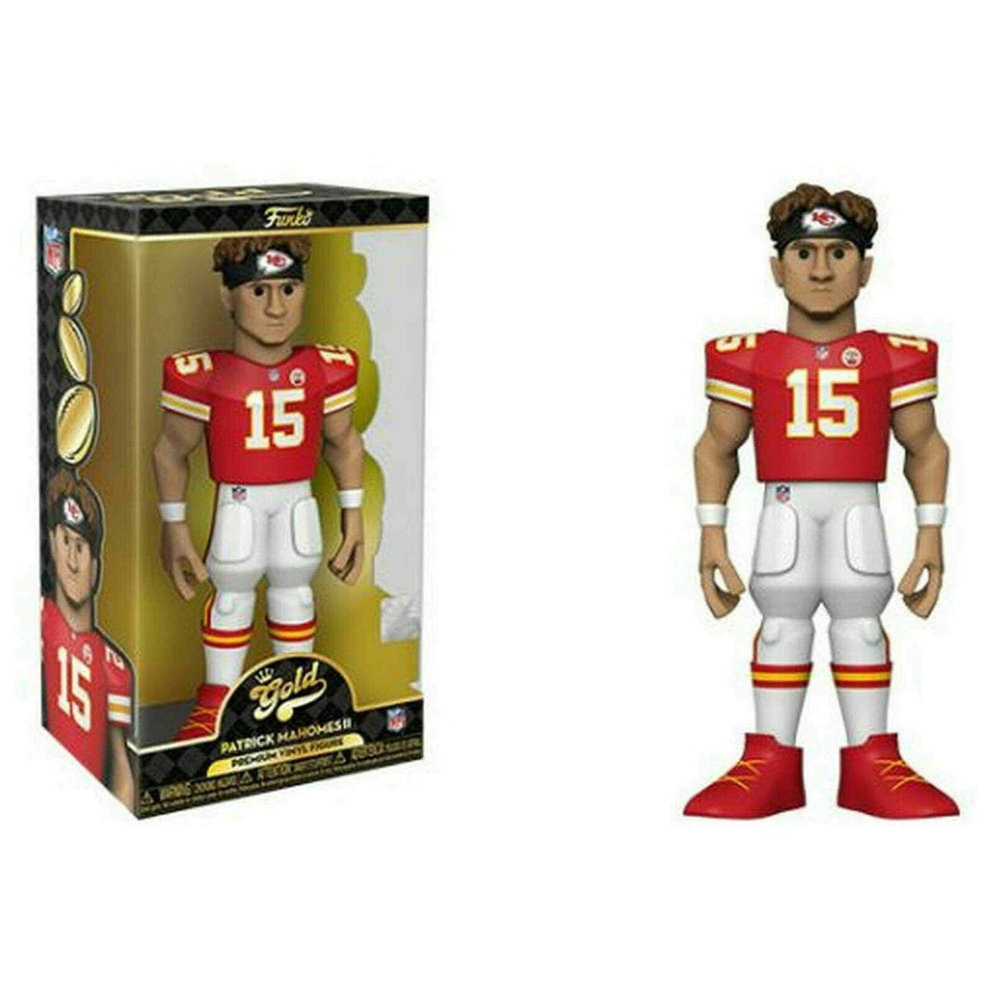 Funko Gold NFL Kansas City Chiefs Patrick Mahomes 12-inch vinyl figure, detailed collectible Funko vinyl figure of quarterback Mahomes.