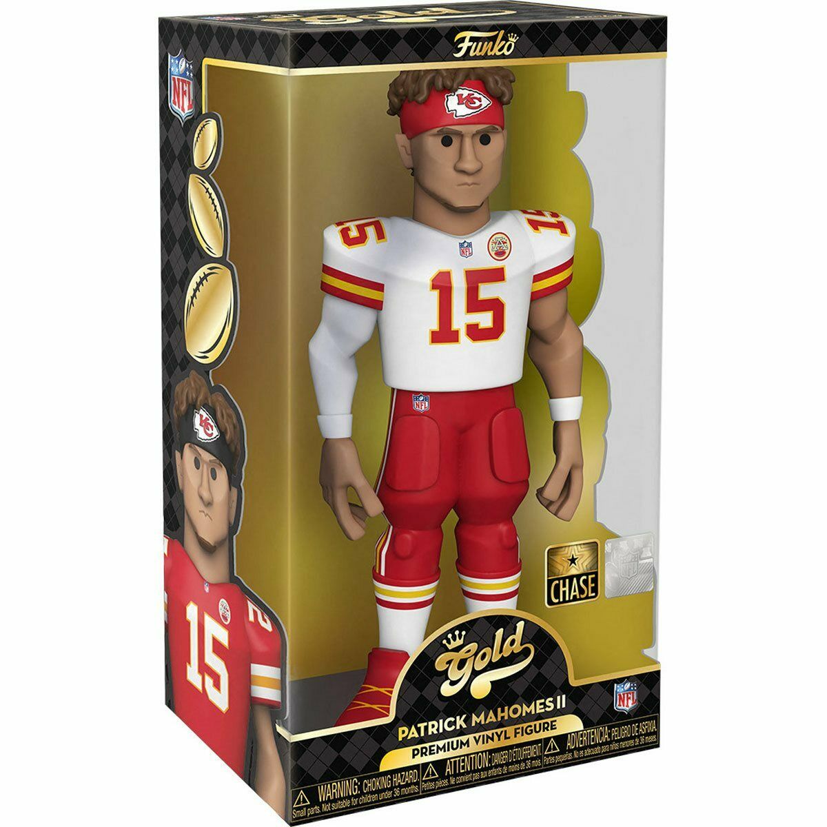 Funko Gold NFL Patrick Mahomes 12-inch vinyl figure in Kansas City Chiefs uniform with detailed features and vibrant colors.