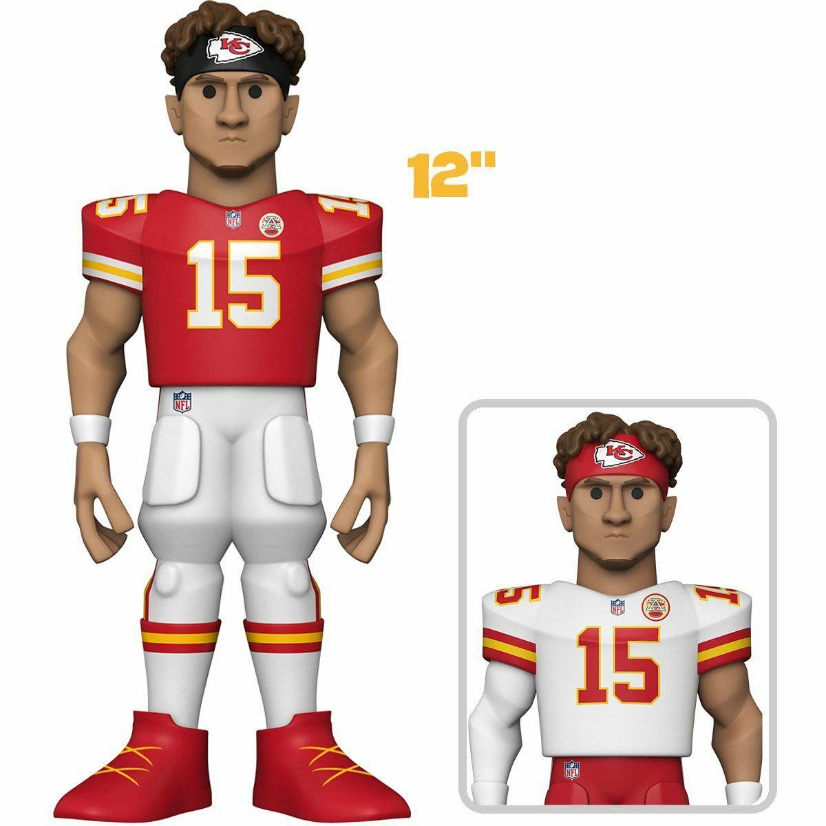 12-inch Funko Gold vinyl figure of Patrick Mahomes in Kansas City Chiefs uniform, showcasing detailed features and design.