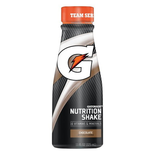 Gatorade Chocolate Nutrition Shake 24-pack bottles, creamy chocolate flavor, ideal for refueling and hydration.
