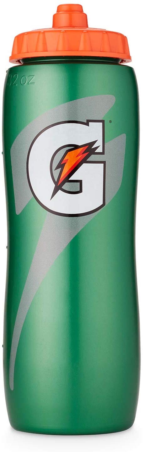 Clear Gatorade 'G' squeeze bottle with Hydro-View strip and high flow valve, 32oz capacity.
